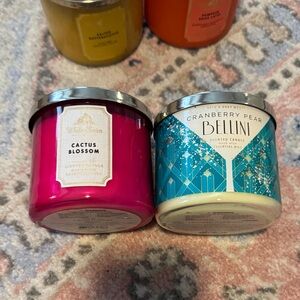 Bath & Body Works Cactus Blossom Pink and Cranberry Pear Bellini Blue Candles